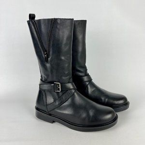 Eric Michael Womens Paloma Black Leather Moto Boots Zipper Mid Calf size 6.5 7